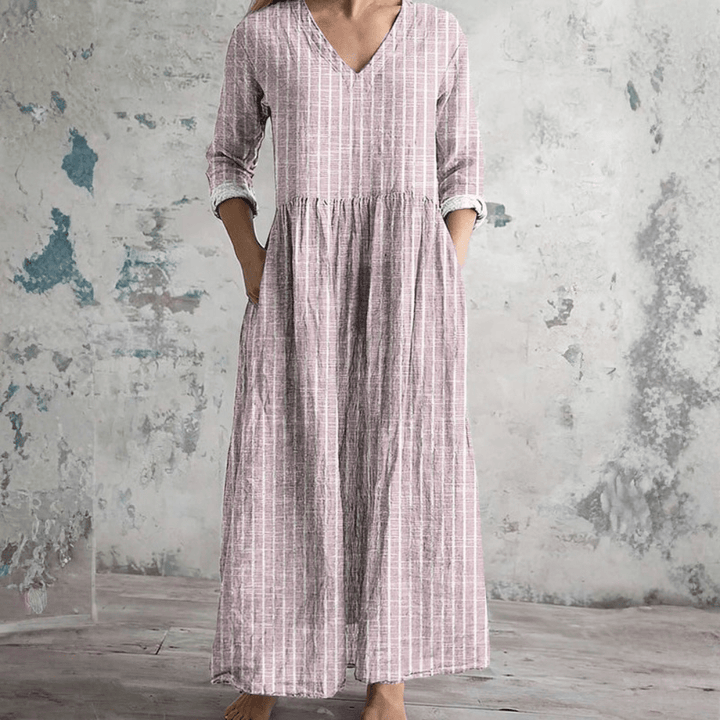 Striped V-Neck Womens Midi Dress, Breathable Casual