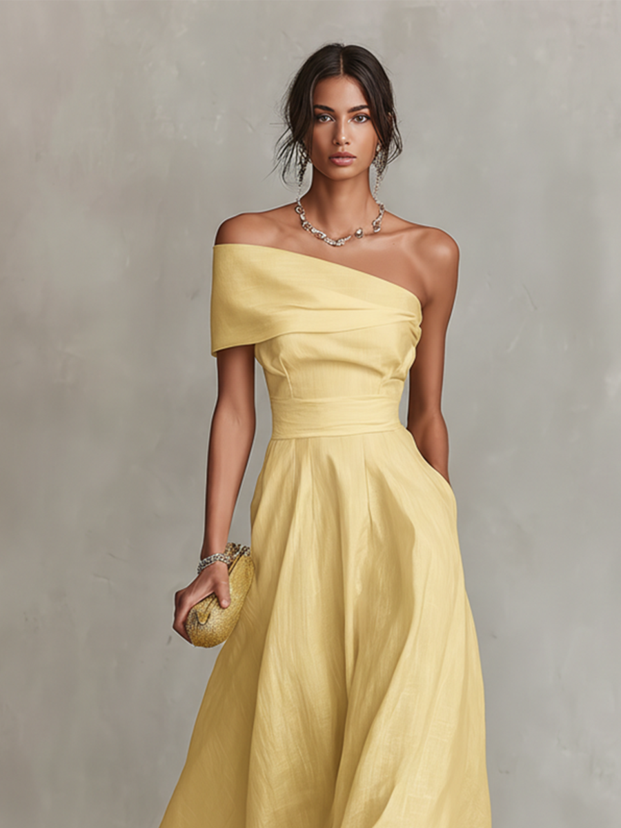 One-Shoulder Fitted-Waist Linen Womens Maxi Dress