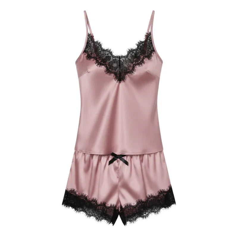 Wrap V-Neck Cami &amp; Shorts Womens Pajama Set in Satin