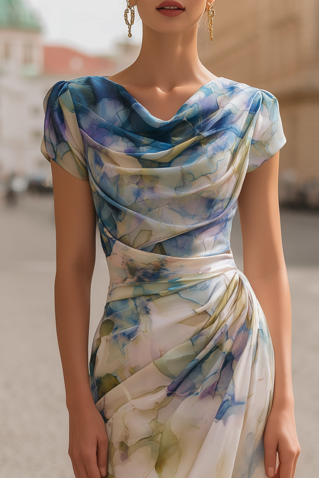 Cowl-Neck Printed Draped Womens Midi Dress, Flowy Fit