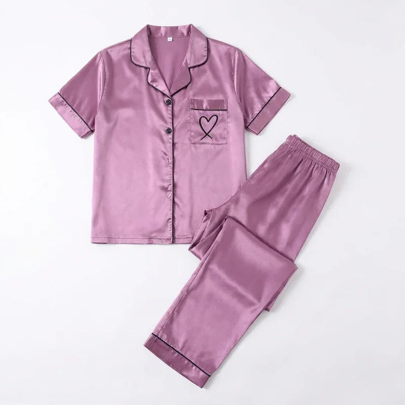 Printed Long-Sleeve Satin Womens Pajama Set, Relaxed