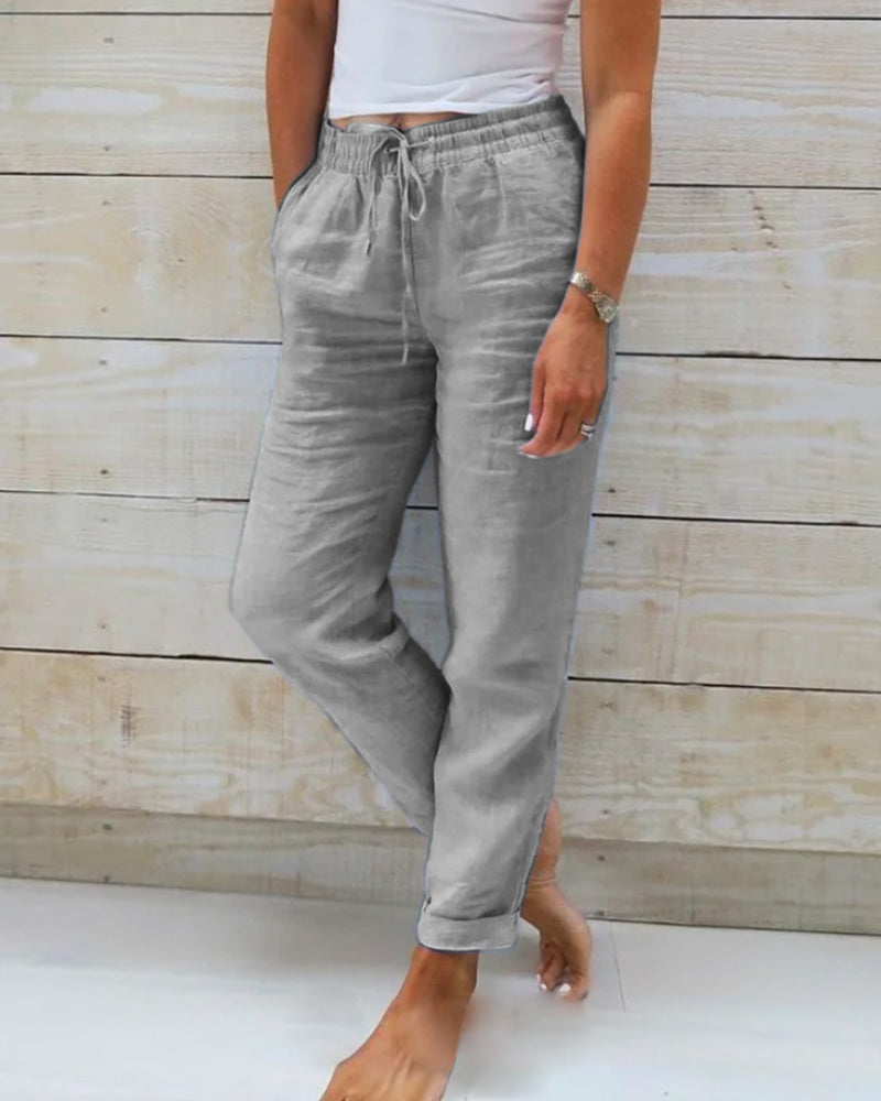 Elastic-Waist Tapered Cotton Womens Pants, Stretch Fit