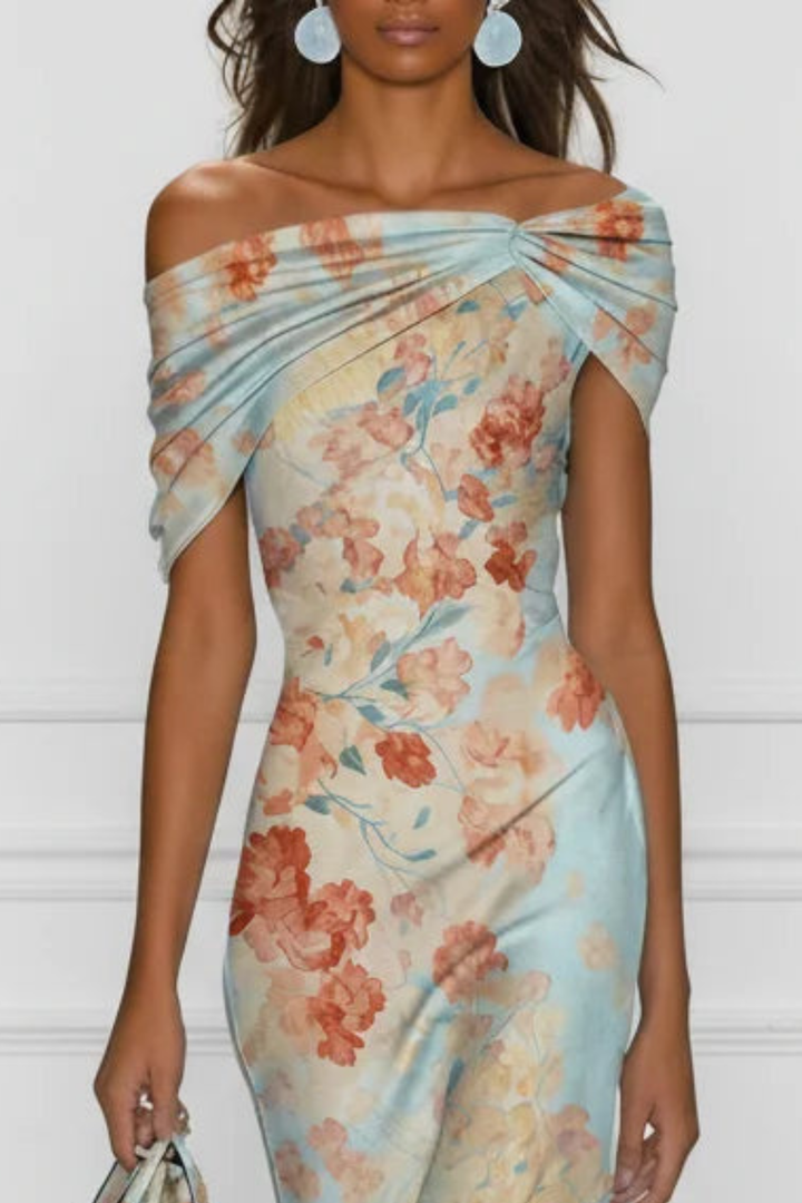 One-Shoulder Floral Womens Mermaid Midi Dress, Fitted