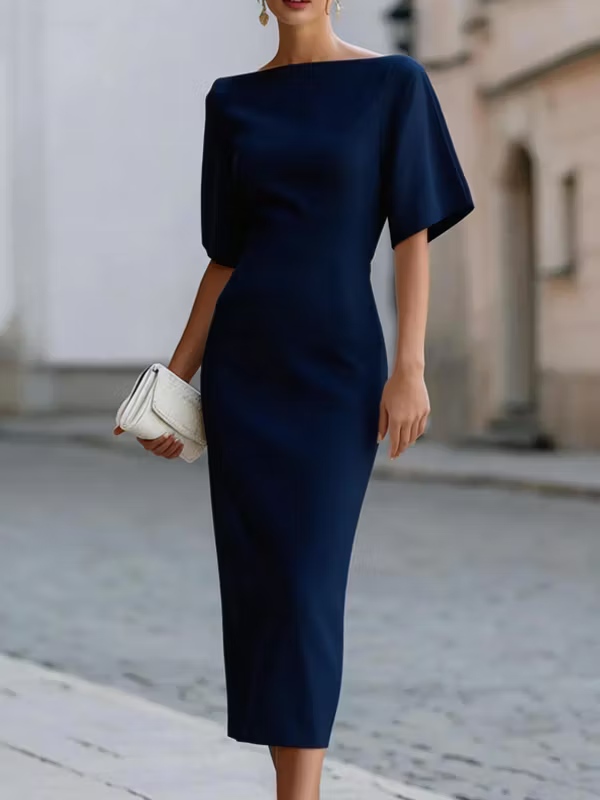 Boat-Neck Ruffle-Sleeve Fitted Womens Midi Dress