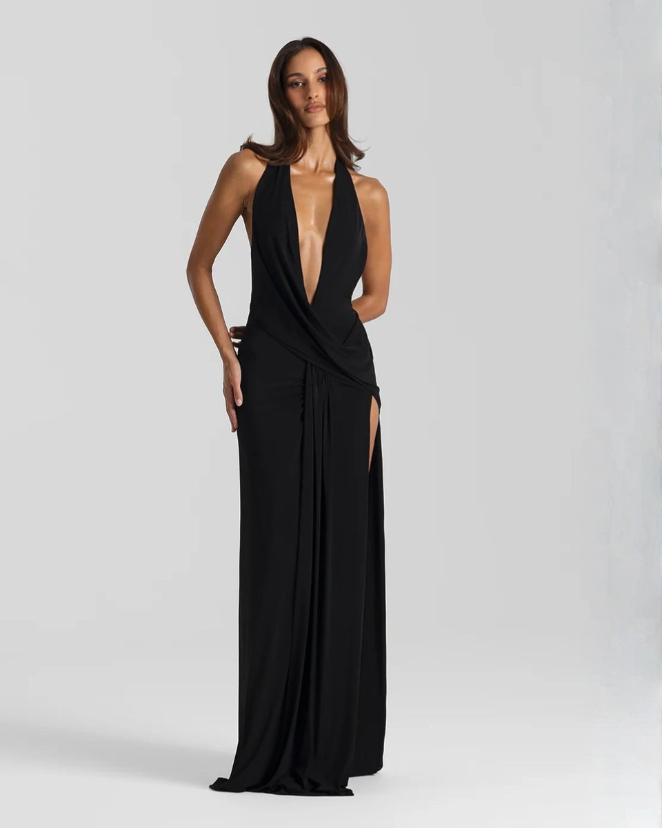 Plunge Halter Backless Womens Maxi Dress, Side Slit