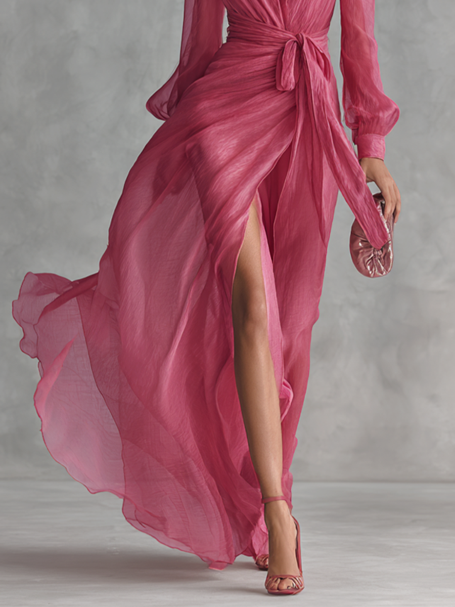 V-Neck Tie-Waist Chiffon Womens Maxi Dress, Side Slit