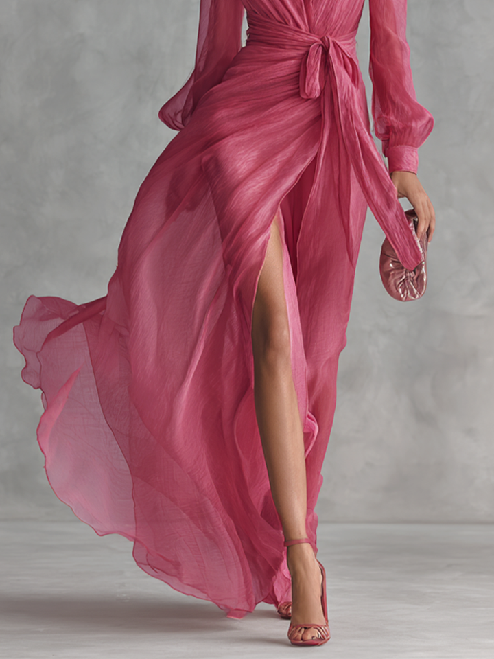 V-Neck Tie-Waist Chiffon Womens Maxi Dress, Side Slit