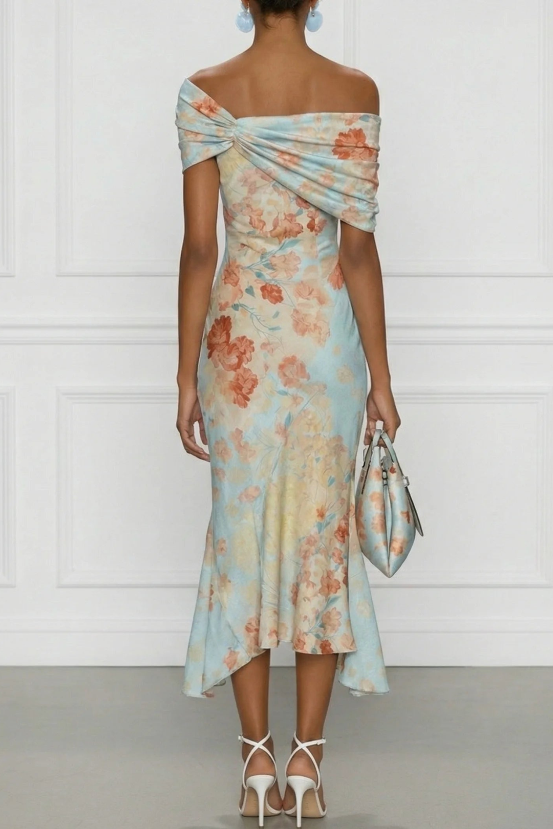 One-Shoulder Floral Womens Mermaid Midi Dress, Fitted