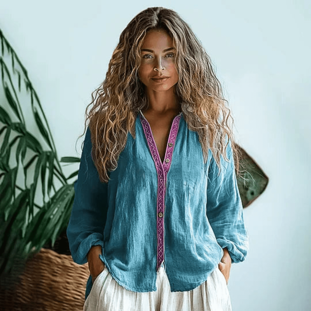 Floral Long-Sleeve Relaxed Boho Womens Shirt, Loose Fit