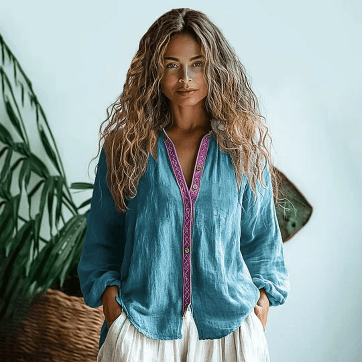 Floral Long-Sleeve Relaxed Boho Womens Shirt, Loose Fit