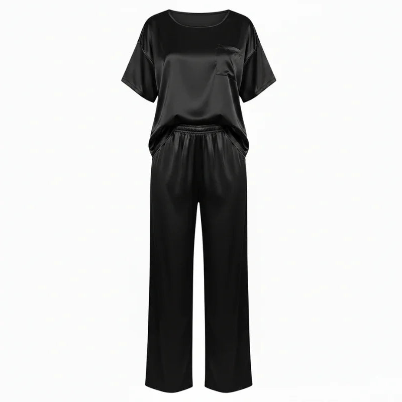 Short-Sleeve Tee &amp; Pants Satin Womens Pajama Set, Loose