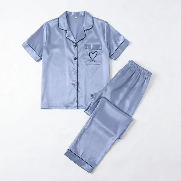 Printed Long-Sleeve Satin Womens Pajama Set, Relaxed