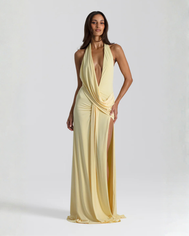 Plunge Halter Backless Womens Maxi Dress, Side Slit