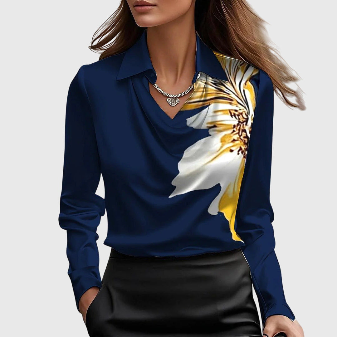 Pleated V-Neck Satin Womens Blouse, Draped Relaxed Fit