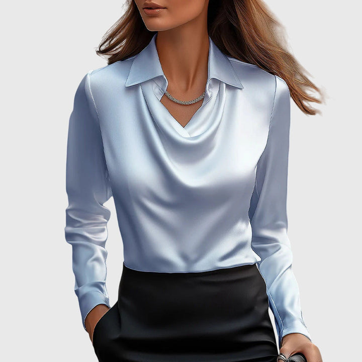 Pleated V-Neck Satin Womens Blouse, Draped Relaxed Fit