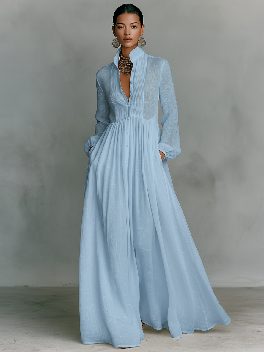 Stand-Collar Cotton-Linen Womens Maxi Dress, Long Sleeve