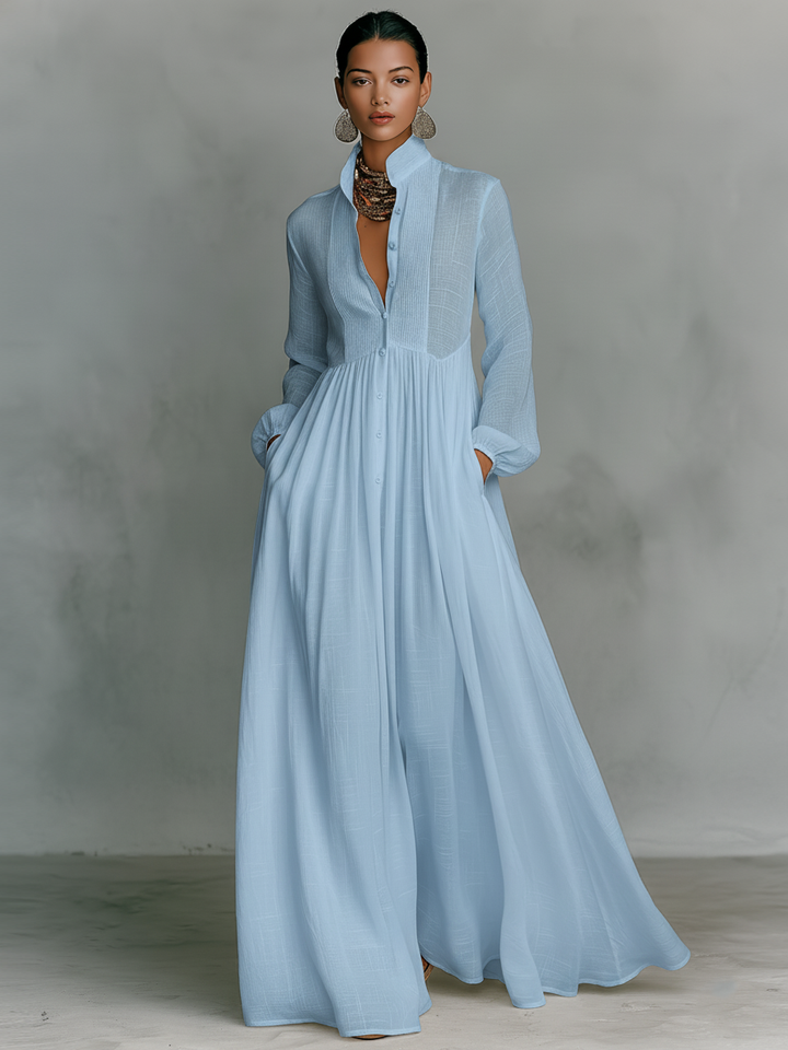 Stand-Collar Cotton-Linen Womens Maxi Dress, Long Sleeve