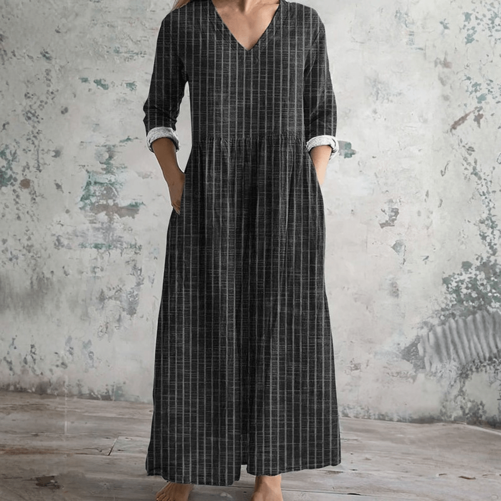 Striped V-Neck Womens Midi Dress, Breathable Casual