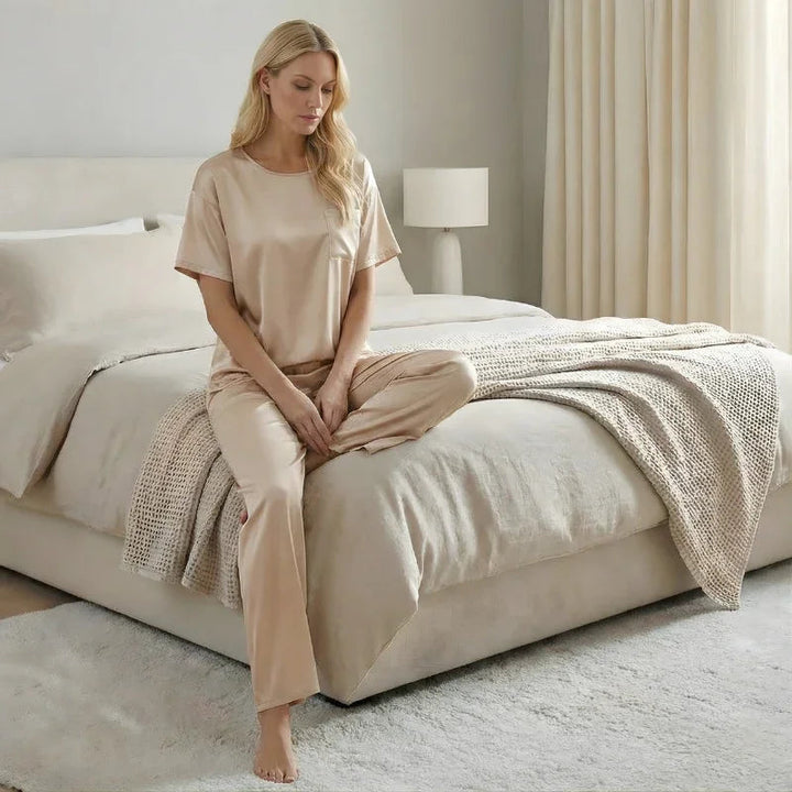 Short-Sleeve Tee &amp; Pants Satin Womens Pajama Set, Loose