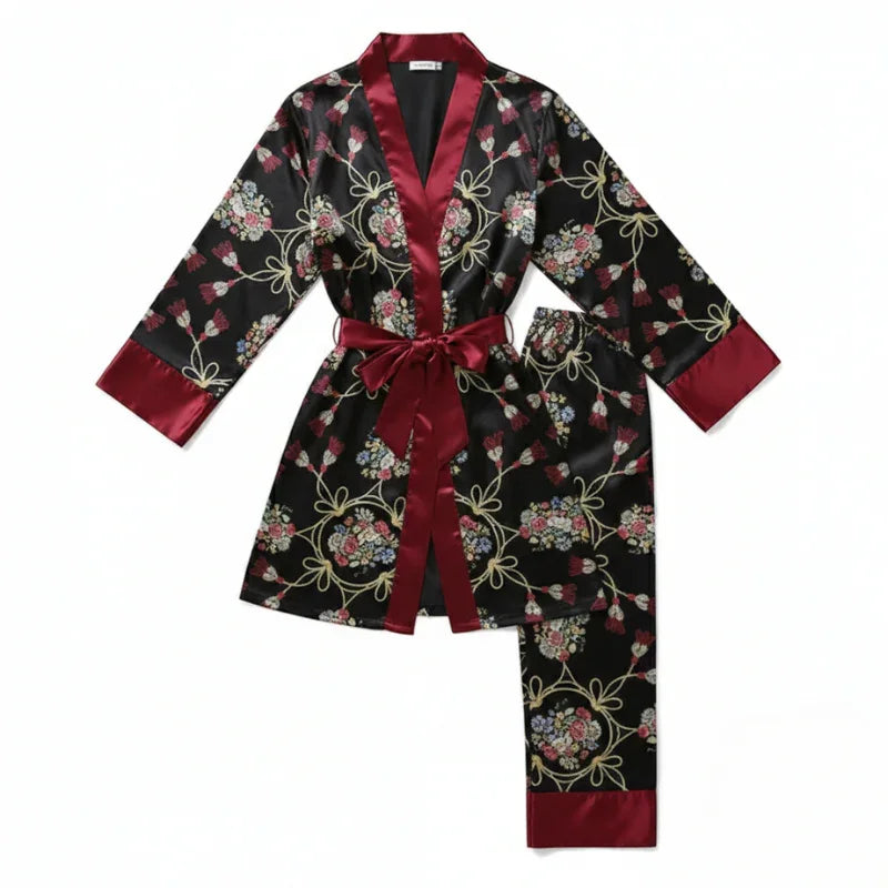 Lace-Trim Long-Sleeve Satin Womens Pajama Set, Elegant