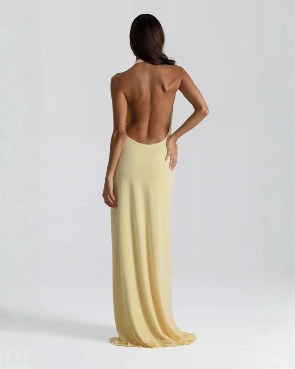 Plunge Halter Backless Womens Maxi Dress, Side Slit