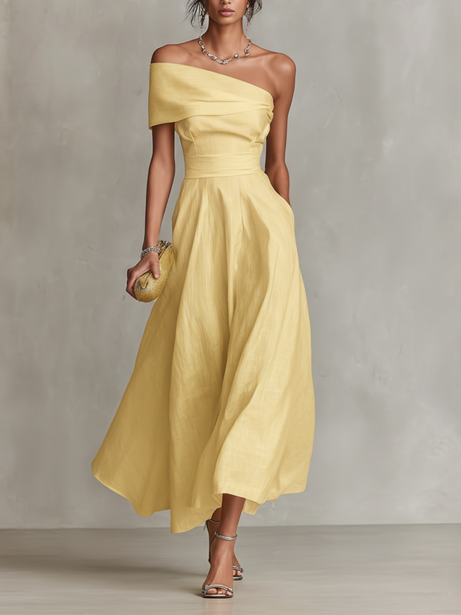 One-Shoulder Fitted-Waist Linen Womens Maxi Dress