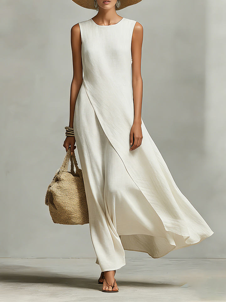 Asymmetric-Hem Sleeveless Linen Womens Maxi Dress