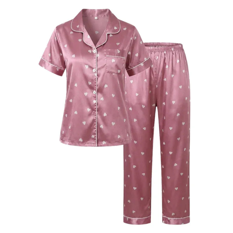 Heart-Print Button-Up Short-Sleeve Satin Womens Pajamas