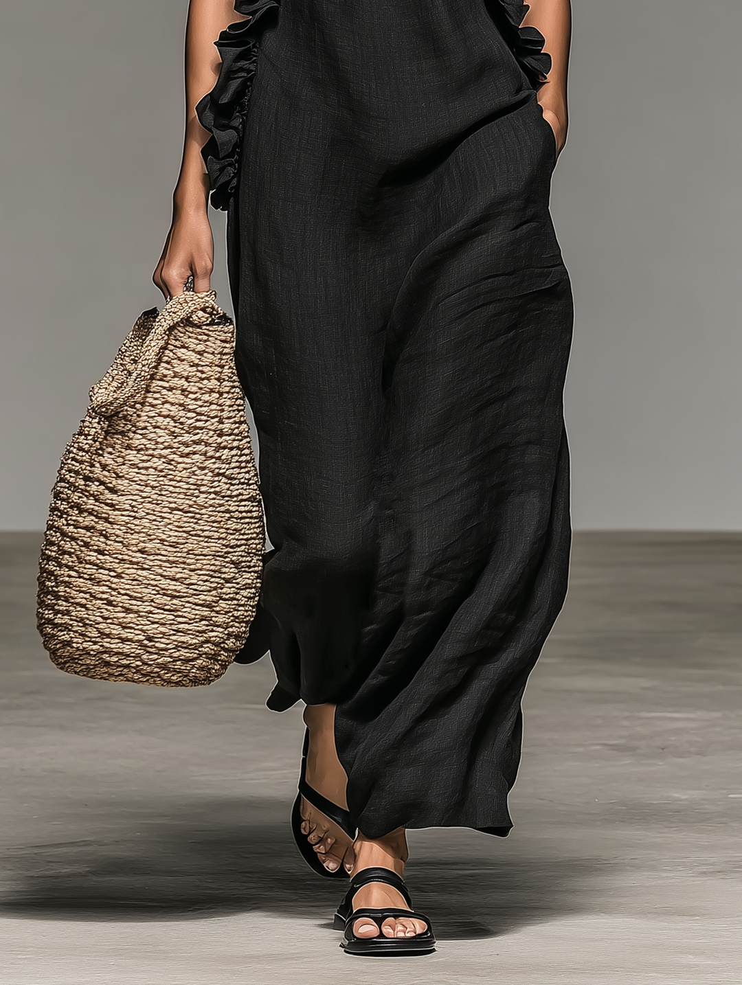 Ruffle-Trim Sleeveless Womens Maxi Dress in Linen Blend