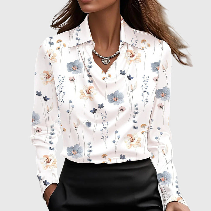 Pleated V-Neck Satin Womens Blouse, Draped Relaxed Fit