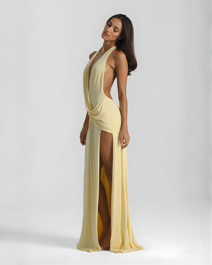 Plunge Halter Backless Womens Maxi Dress, Side Slit