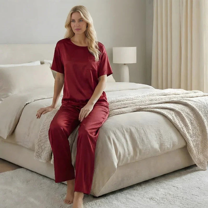 Short-Sleeve Tee &amp; Pants Satin Womens Pajama Set, Loose