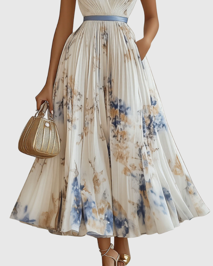 Floral Pleated V-Neck Womens Maxi Dress, Long Sleeve