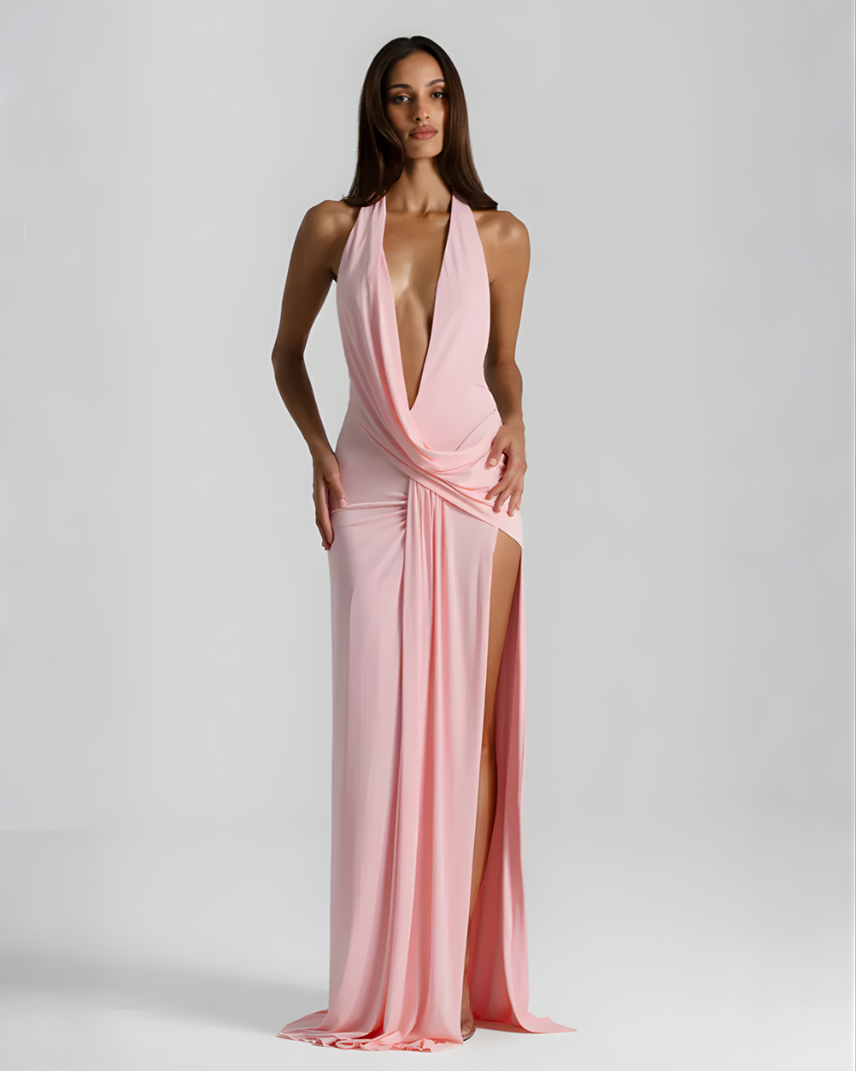 Plunge Halter Backless Womens Maxi Dress, Side Slit