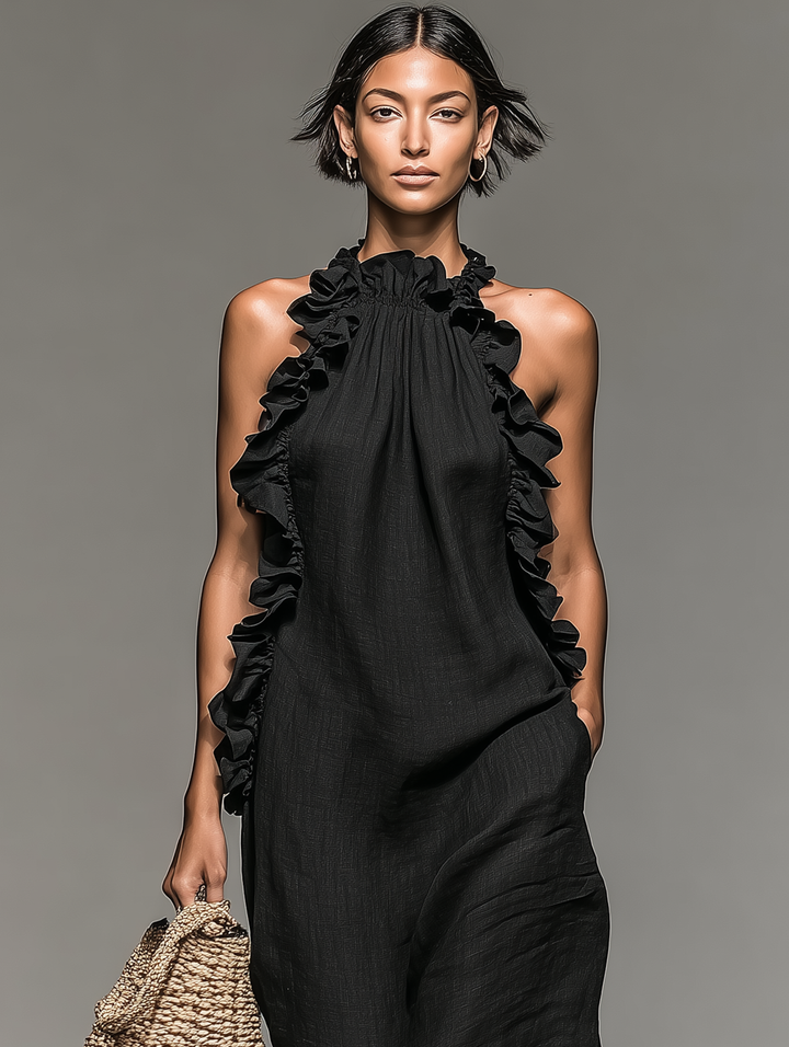 Ruffle-Trim Sleeveless Womens Maxi Dress in Linen Blend