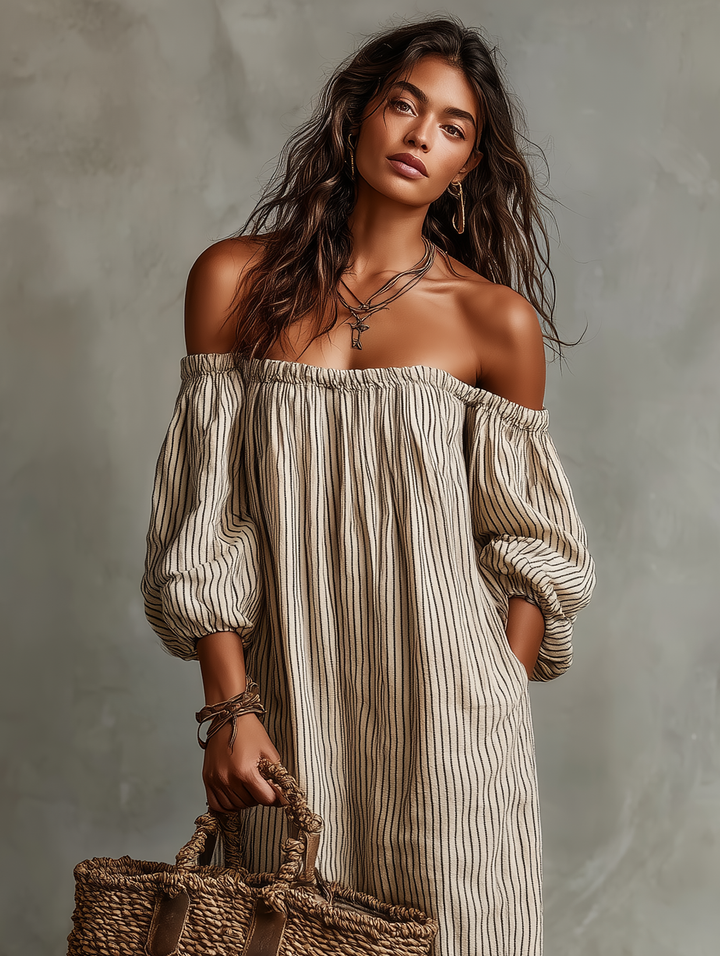Off-Shoulder Cotton-Linen Womens Maxi Dress, Long Sleeve