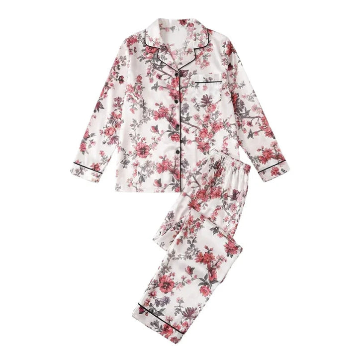 Floral Satin Womens Pajama Set, Contrast Piping Trim
