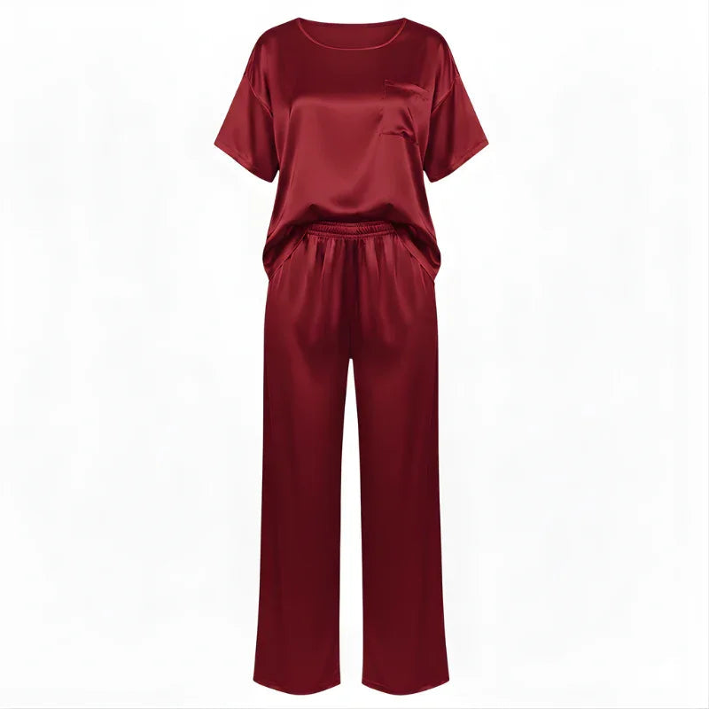 Short-Sleeve Tee &amp; Pants Satin Womens Pajama Set, Loose