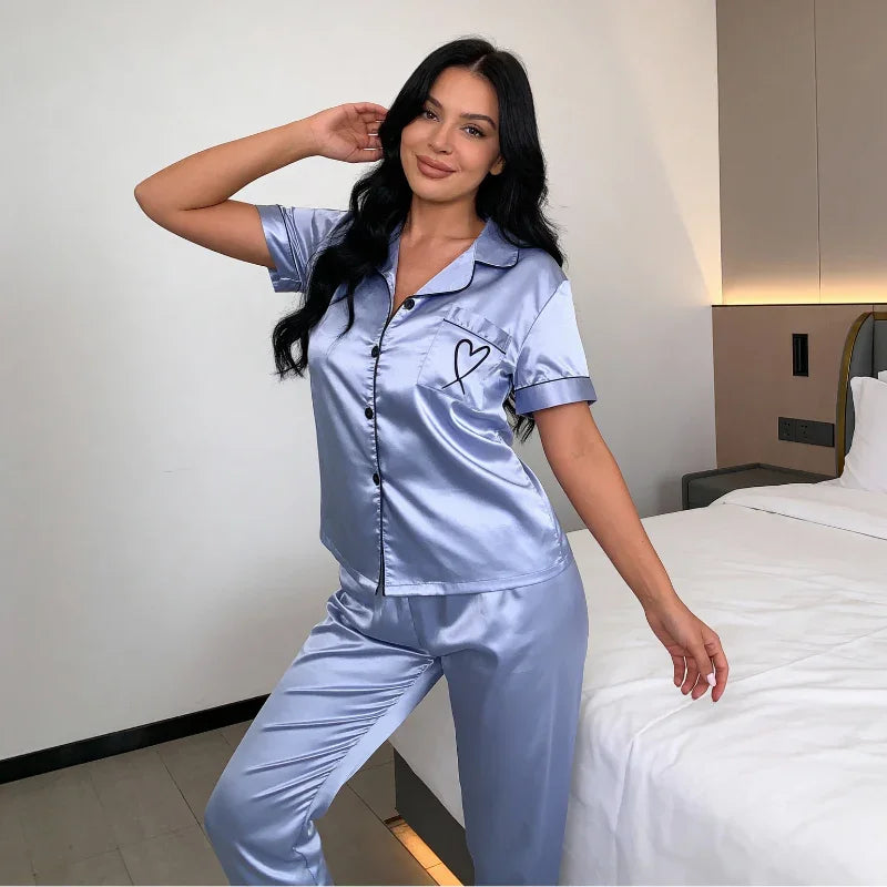 Printed Long-Sleeve Satin Womens Pajama Set, Relaxed