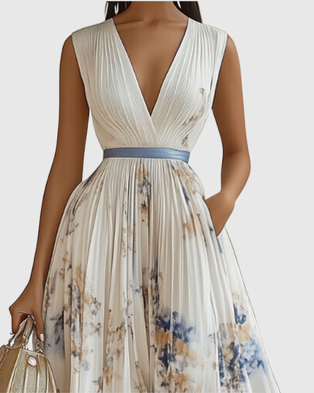 Floral Pleated V-Neck Womens Maxi Dress, Long Sleeve