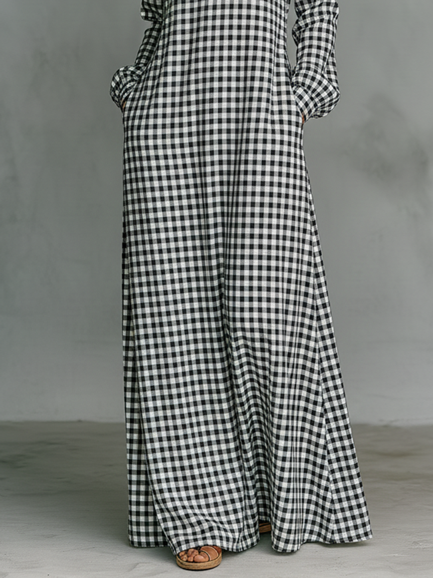 Plaid V-Neck Long-Sleeve Cotton Womens Maxi Dress
