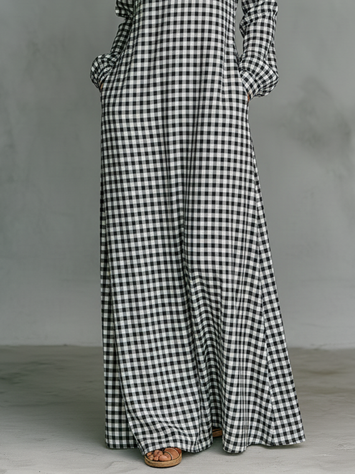 Plaid V-Neck Long-Sleeve Cotton Womens Maxi Dress
