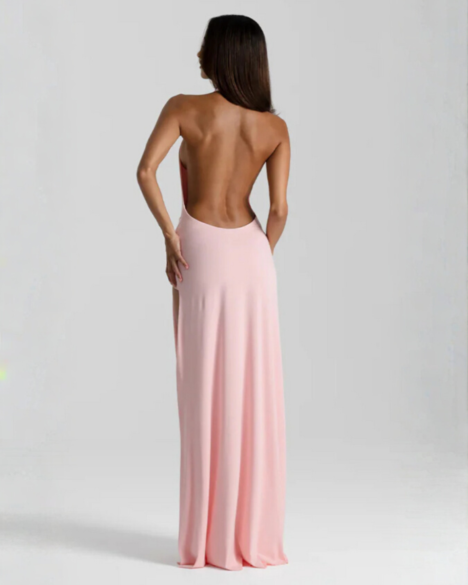 Plunge Halter Backless Womens Maxi Dress, Side Slit
