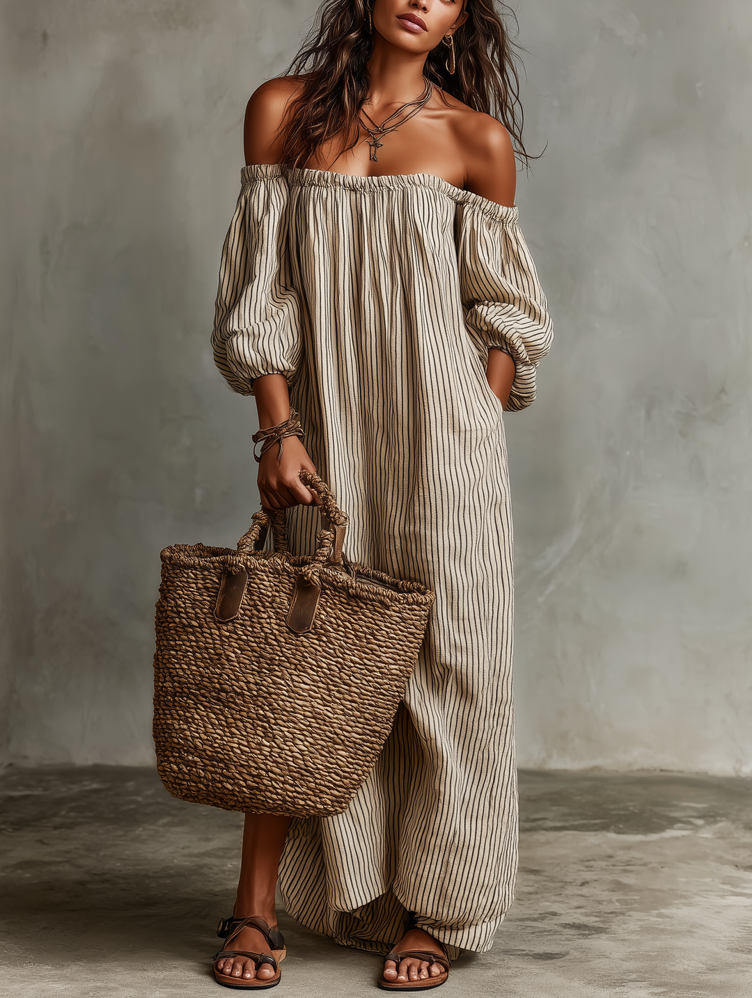 Off-Shoulder Cotton-Linen Womens Maxi Dress, Long Sleeve