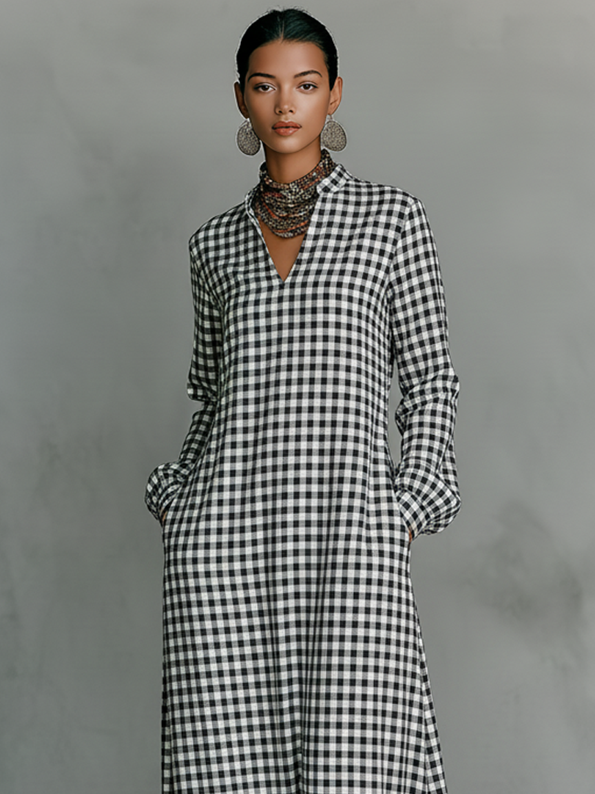 Plaid V-Neck Long-Sleeve Cotton Womens Maxi Dress