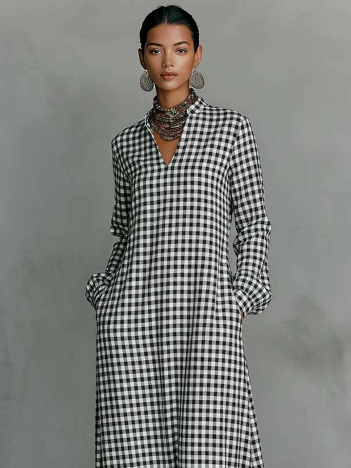 Plaid V-Neck Long-Sleeve Cotton Womens Maxi Dress