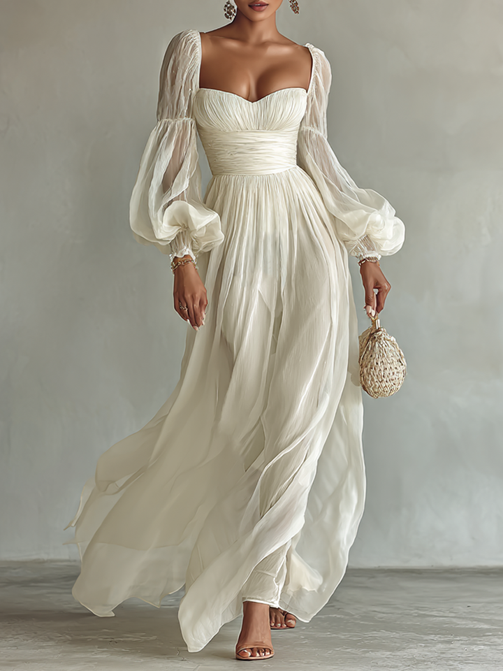 Square-Neck Long-Sleeve Chiffon Womens Maxi Dress