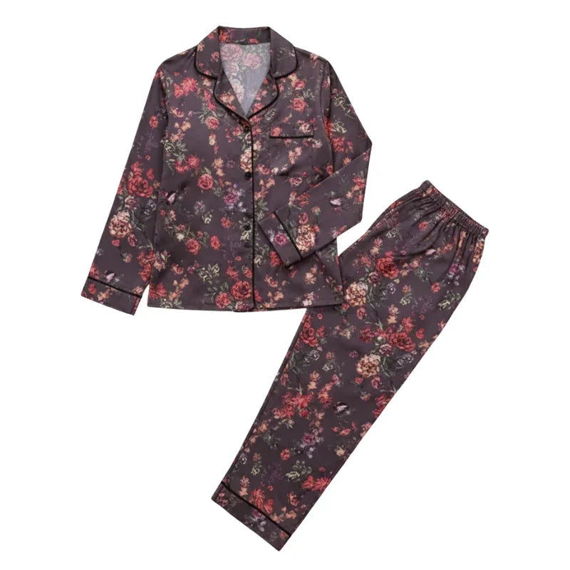 Floral Satin Womens Pajama Set, Piped Elegant Loungewear