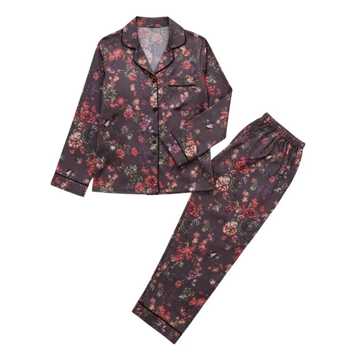Floral Satin Womens Pajama Set, Piped Elegant Loungewear