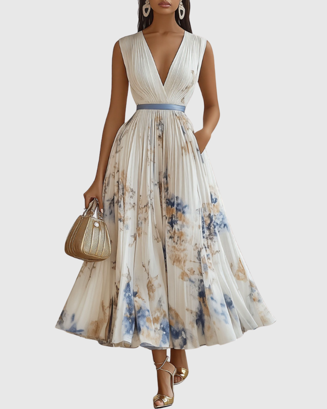 Floral Pleated V-Neck Womens Maxi Dress, Long Sleeve